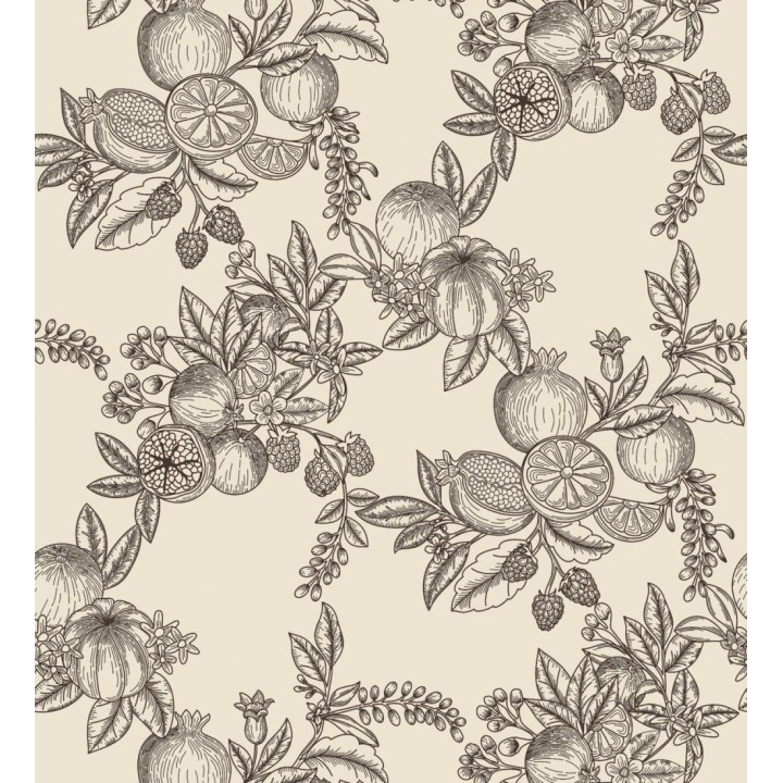 Papel pintado de frutos y hojas color negro fondo crema - Sicily Pomm 683676