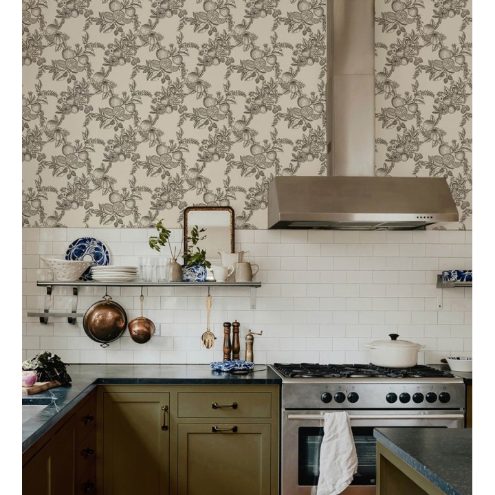 Papel pintado de frutos y hojas color negro fondo crema - Sicily Pomm 683676