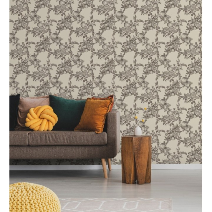 Papel pintado de frutos y hojas color negro fondo crema - Sicily Pomm 683676