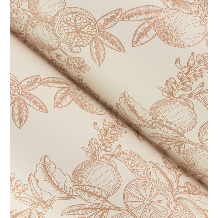 Papel pintado de frutos y hojas color naranja fondo crema - Sicily Pomm 683677
