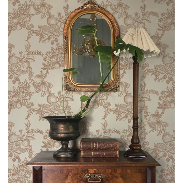 Papel pintado de frutos y hojas color naranja fondo crema - Sicily Pomm 683677