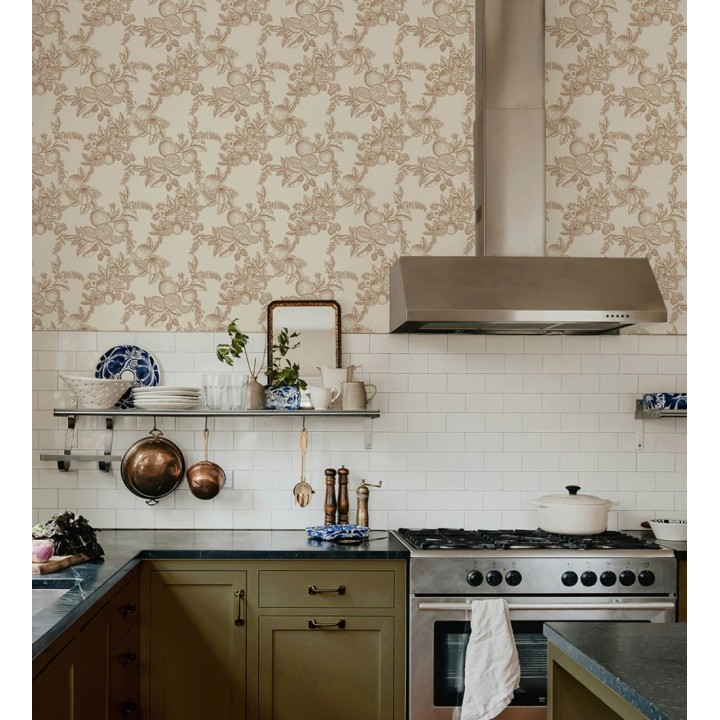 Papel pintado de frutos y hojas color naranja fondo crema - Sicily Pomm 683677