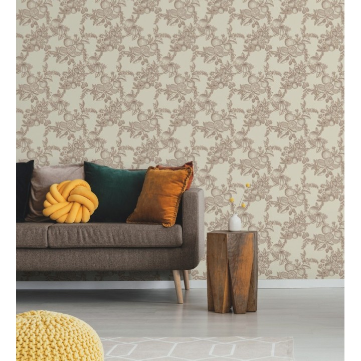 Papel pintado de frutos y hojas color naranja fondo crema - Sicily Pomm 683677