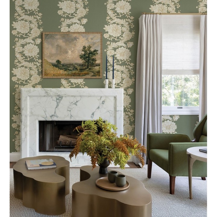 Papel pintado ornamental de flores perfiladas en oro fondo verde - Montrose Grand 683678