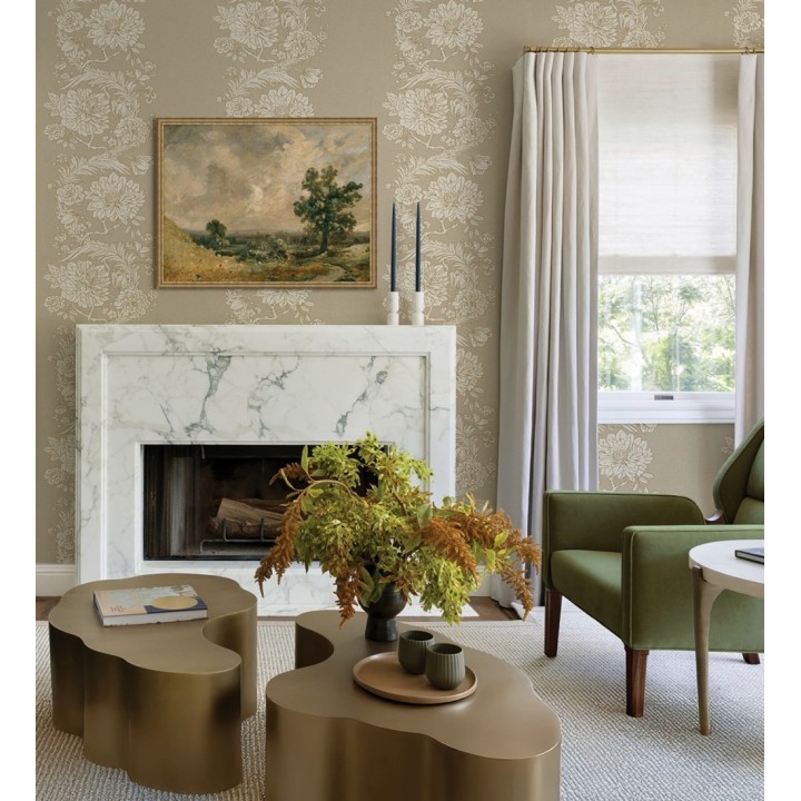 Papel pintado ornamental de flores perfiladas en oro fondo beige - Montrose Grand 683679