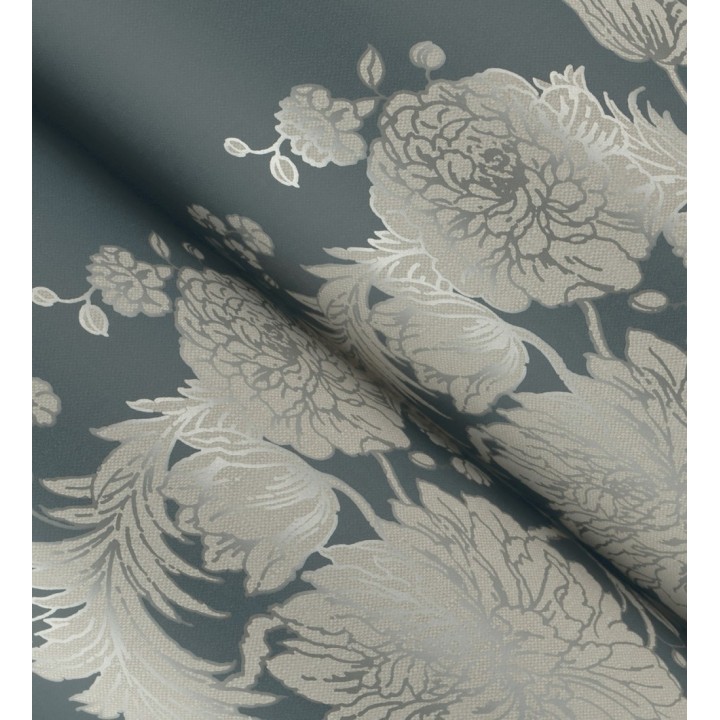Papel pintado ornamental de flores perfiladas en plata fondo azul - Montrose Grand 683681