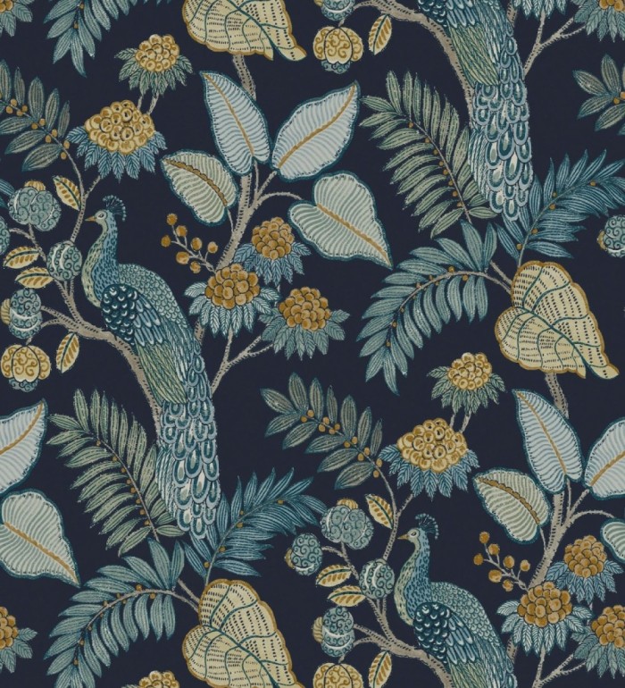 Papel pintado exótico de pavos reales y selva fondo azul oscuro - Mayfair Peacock 683682