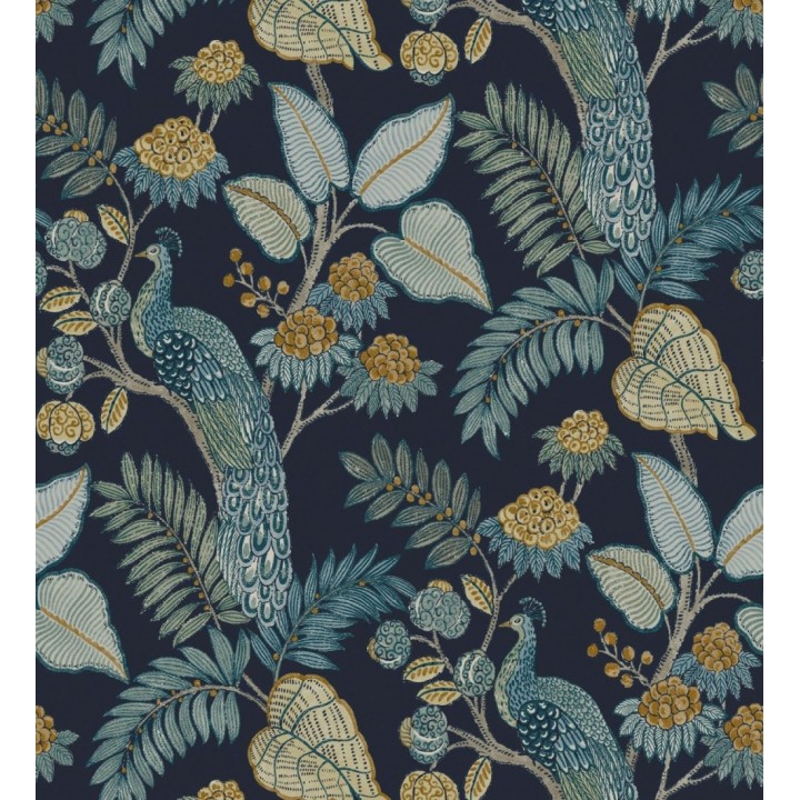Papel pintado exótico de pavos reales y selva fondo azul oscuro - Mayfair Peacock 683682