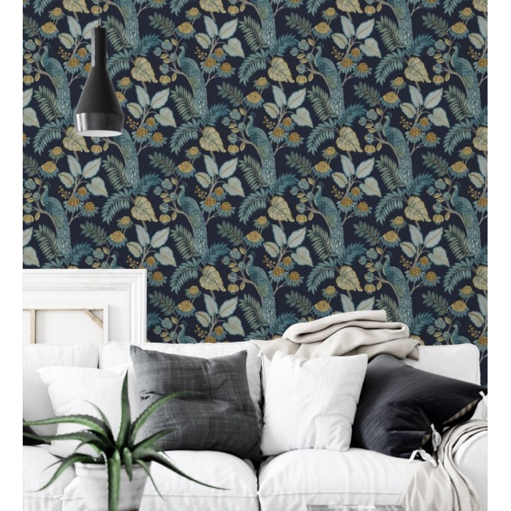 Papel pintado exótico de pavos reales y selva fondo azul oscuro - Mayfair Peacock 683682