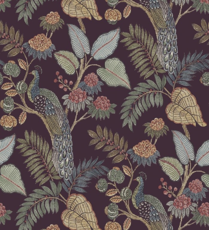 Papel pintado exótico de pavos reales y selva fondo negro cálido - Mayfair Peacock 683683