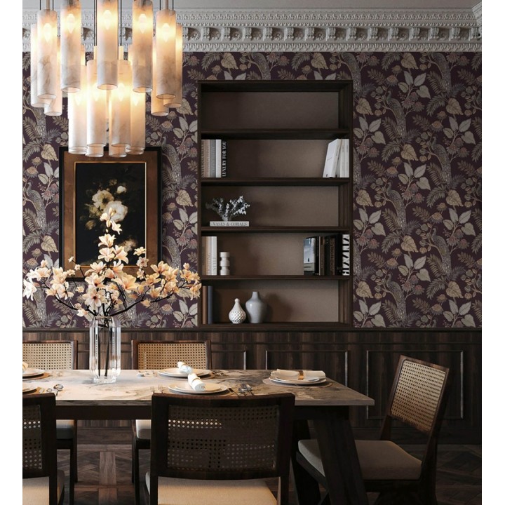 Papel pintado exótico de pavos reales y selva fondo negro cálido - Mayfair Peacock 683683