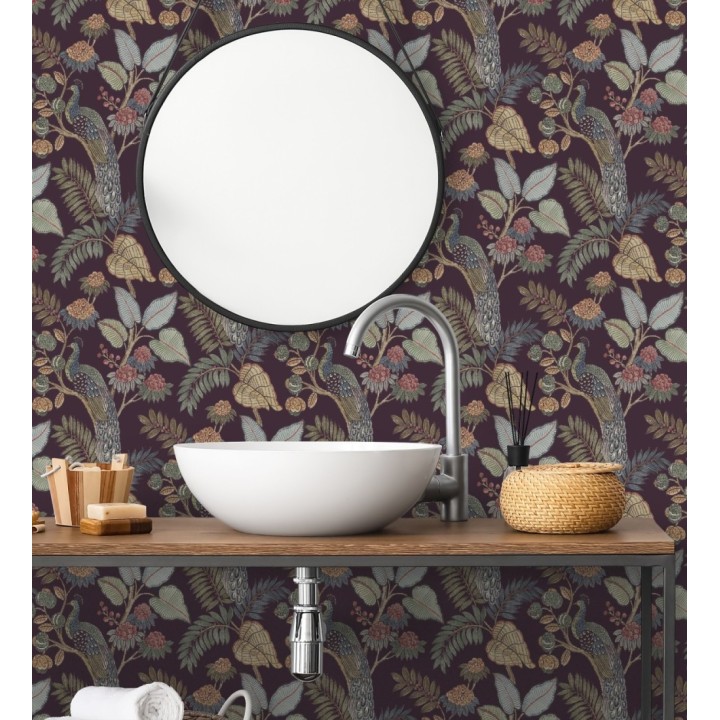 Papel pintado exótico de pavos reales y selva fondo negro cálido - Mayfair Peacock 683683