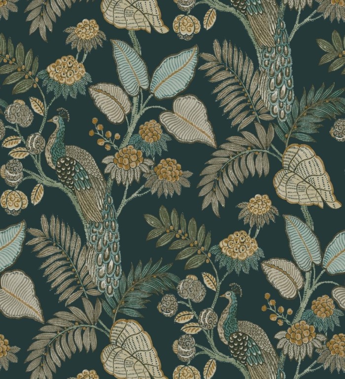 Papel pintado exótico de pavos reales y selva fondo verde oscuro - Mayfair Peacock 683684