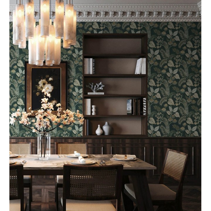 Papel pintado exótico de pavos reales y selva fondo verde oscuro - Mayfair Peacock 683684