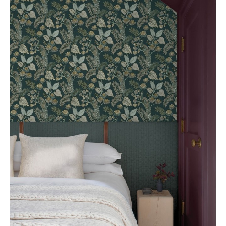 Papel pintado exótico de pavos reales y selva fondo verde oscuro - Mayfair Peacock 683684