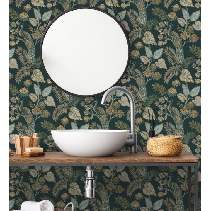 Papel pintado exótico de pavos reales y selva fondo verde oscuro - Mayfair Peacock 683684