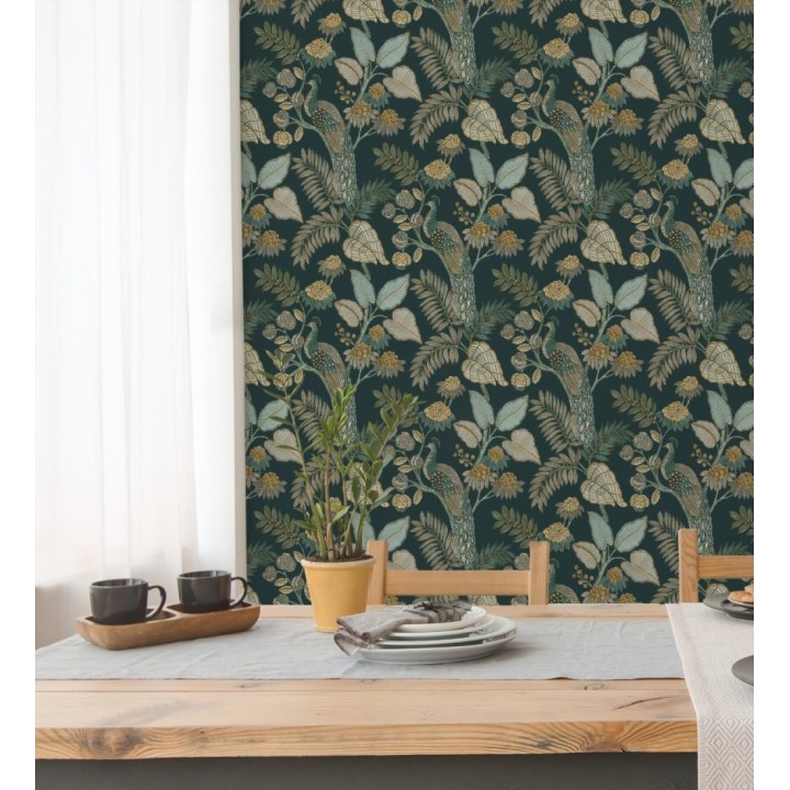 Papel pintado exótico de pavos reales y selva fondo verde oscuro - Mayfair Peacock 683684