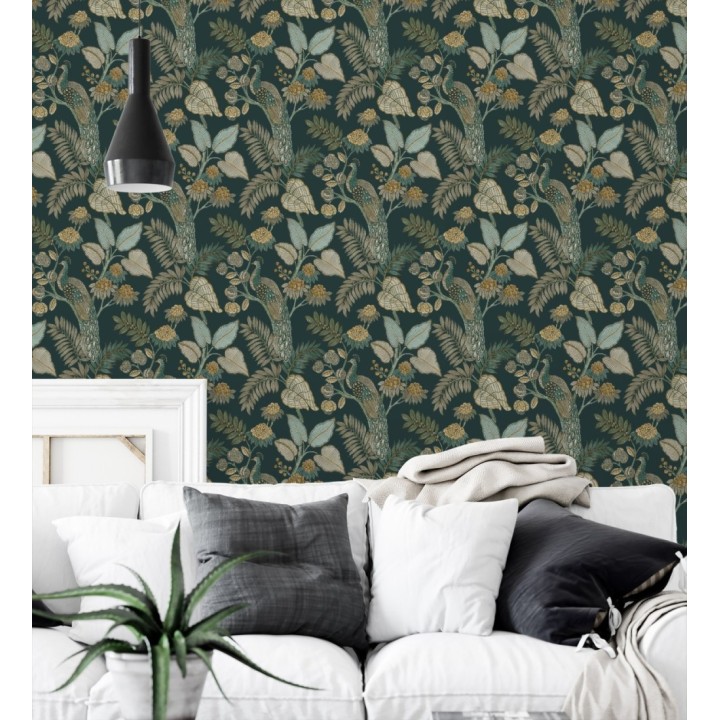 Papel pintado exótico de pavos reales y selva fondo verde oscuro - Mayfair Peacock 683684