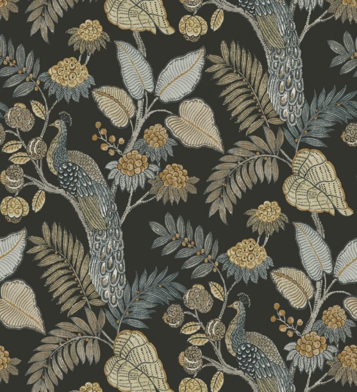 Papel pintado exótico de pavos reales y selva fondo negro - Mayfair Peacock 683685