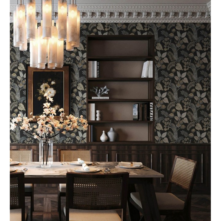 Papel pintado exótico de pavos reales y selva fondo negro - Mayfair Peacock 683685