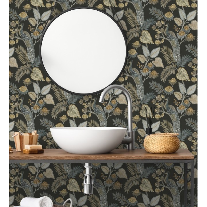 Papel pintado exótico de pavos reales y selva fondo negro - Mayfair Peacock 683685