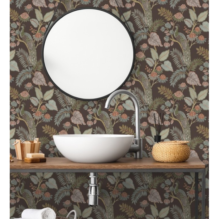 Papel pintado exótico de pavos reales y selva tonos sepia - Mayfair Peacock 683686