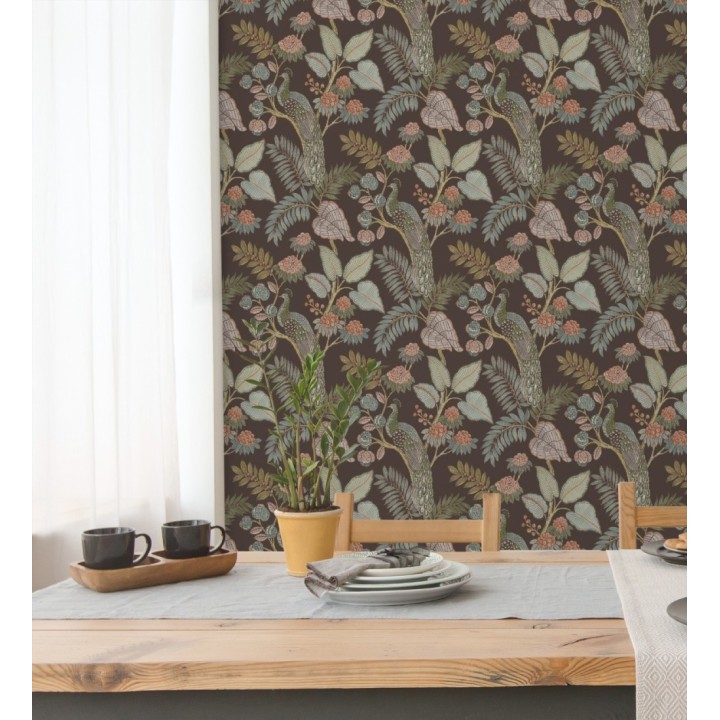 Papel pintado exótico de pavos reales y selva tonos sepia - Mayfair Peacock 683686