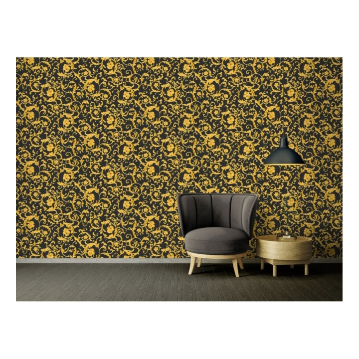 Papel pintado volutas doradas fondo negro de Versace - Caprice Royal 126323
