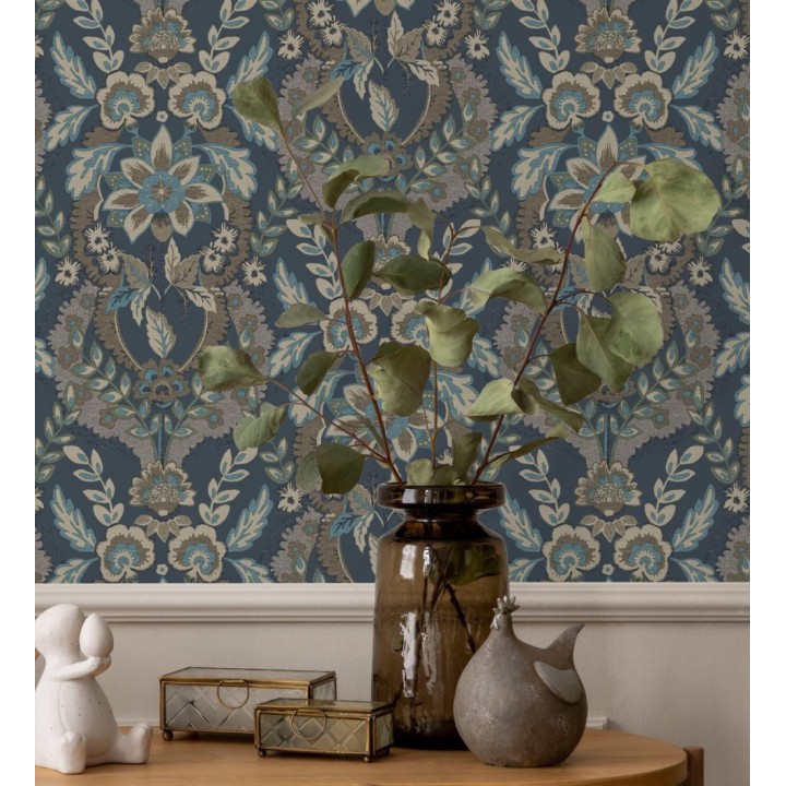 Papel pintado ornamental de flores estilo inglés fondo azul - Chelsea Regal 683692
