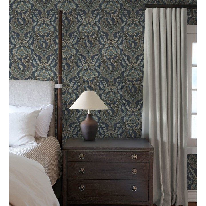 Papel pintado ornamental de flores estilo inglés fondo azul - Chelsea Regal 683692
