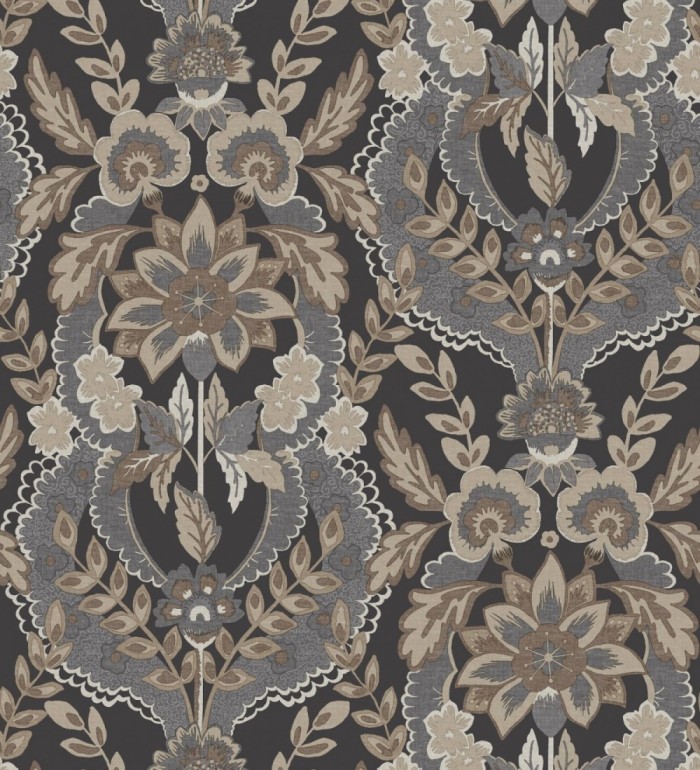 Papel pintado ornamental de flores estilo inglés fondo negro - Chelsea Regal 683693
