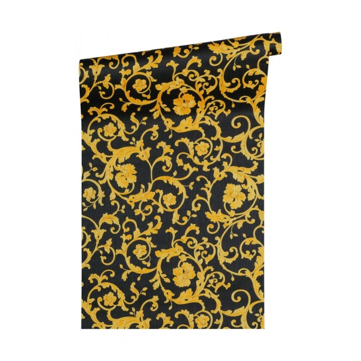 Papel pintado volutas doradas fondo negro de Versace - Caprice Royal 126323