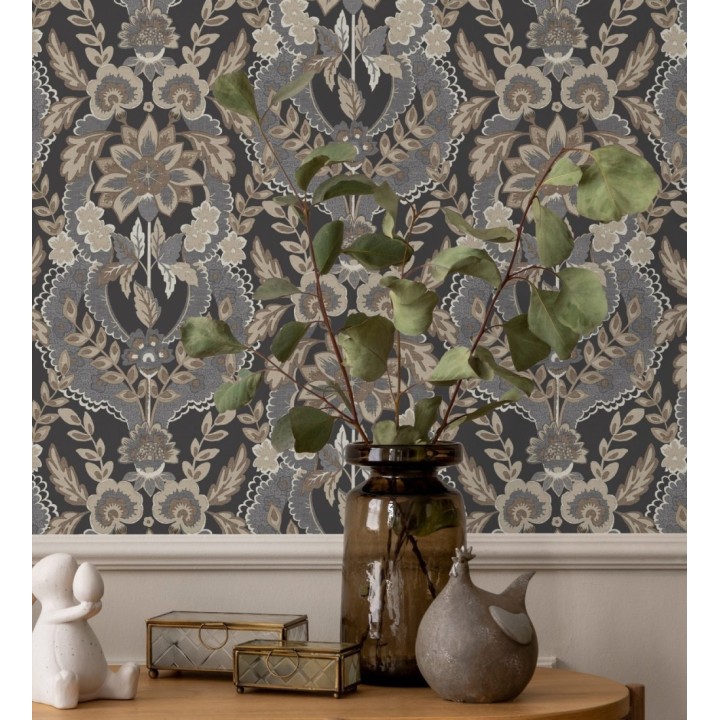 Papel pintado ornamental de flores estilo inglés fondo negro - Chelsea Regal 683693