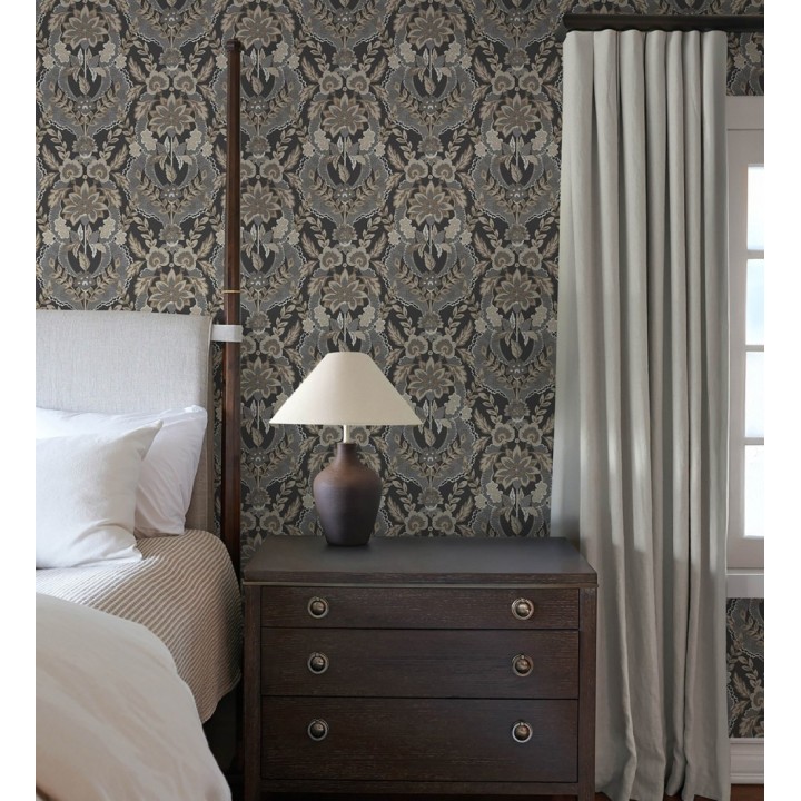 Papel pintado ornamental de flores estilo inglés fondo negro - Chelsea Regal 683693