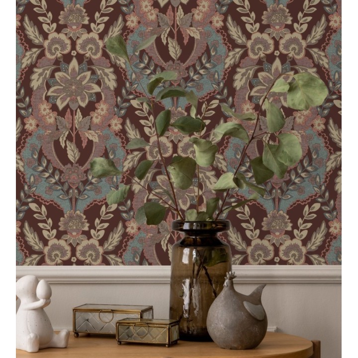 Papel pintado ornamental de flores estilo inglés fondo burdeos - Chelsea Regal 683695
