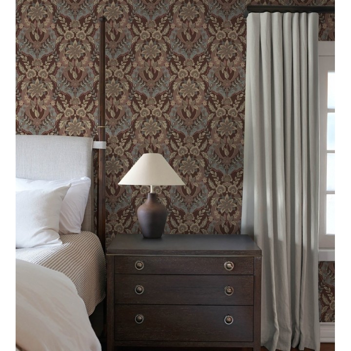 Papel pintado ornamental de flores estilo inglés fondo burdeos - Chelsea Regal 683695