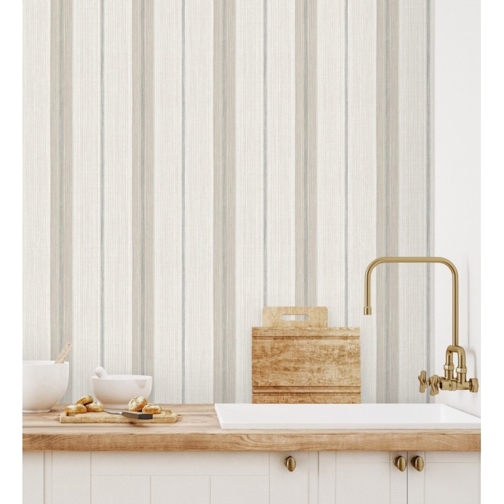 Papel pintado de rayas efecto lino natural texturado color gris visón - Clarendon Lined 683700