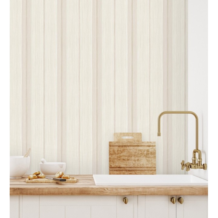 Papel pintado de rayas efecto lino natural texturado en color beige - Clarendon Lined 683701
