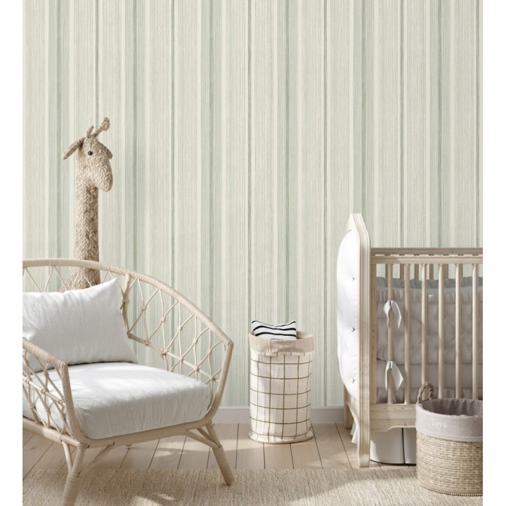Papel pintado de rayas efecto lino natural texturado en color verde - Clarendon Lined 683703
