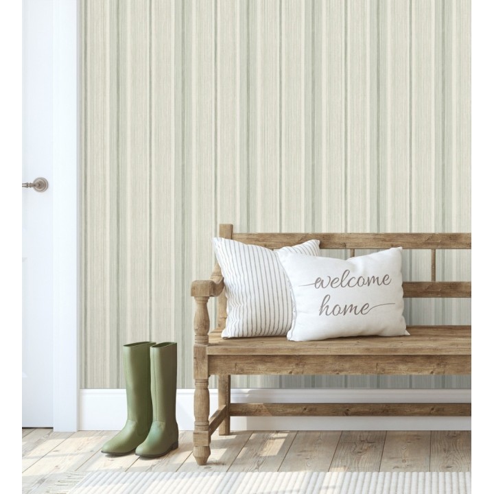 Papel pintado de rayas efecto lino natural texturado en color verde - Clarendon Lined 683703