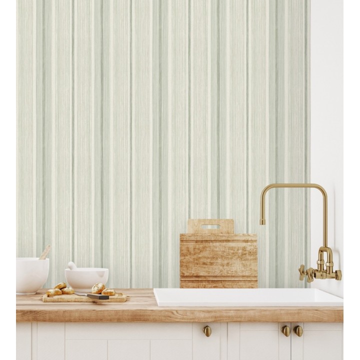 Papel pintado de rayas efecto lino natural texturado en color verde - Clarendon Lined 683703