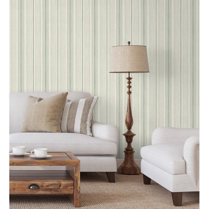 Papel pintado de rayas efecto lino natural texturado en color verde - Clarendon Lined 683703