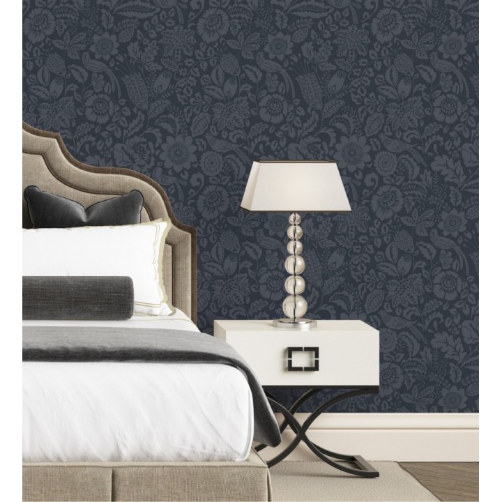 Papel pintado jardín romántico con pájaros color azul oscuro - Kelmscott Folklore 683720