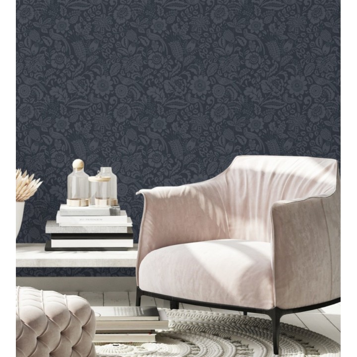 Papel pintado jardín romántico con pájaros color azul oscuro - Kelmscott Folklore 683720