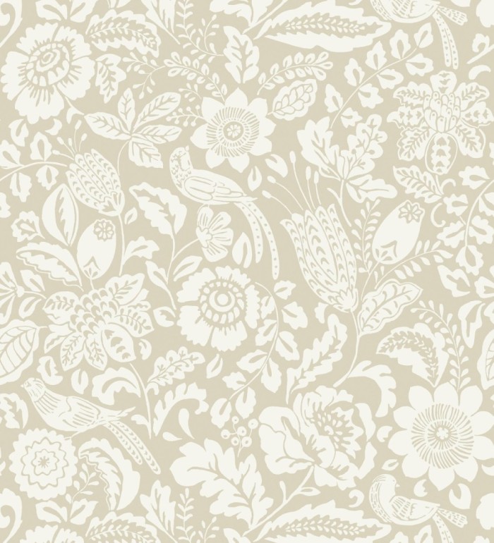 Papel pintado jardín romántico con pájaros color beige - Kelmscott Folklore 683721