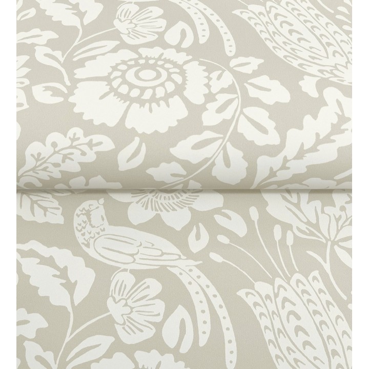 Papel pintado jardín romántico con pájaros color beige - Kelmscott Folklore 683721