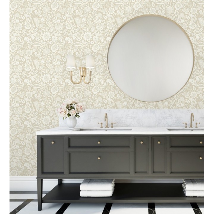 Papel pintado jardín romántico con pájaros color beige - Kelmscott Folklore 683721