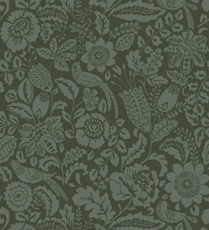 Papel pintado jardín romántico con pájaros color verde - Kelmscott Folklore 683722