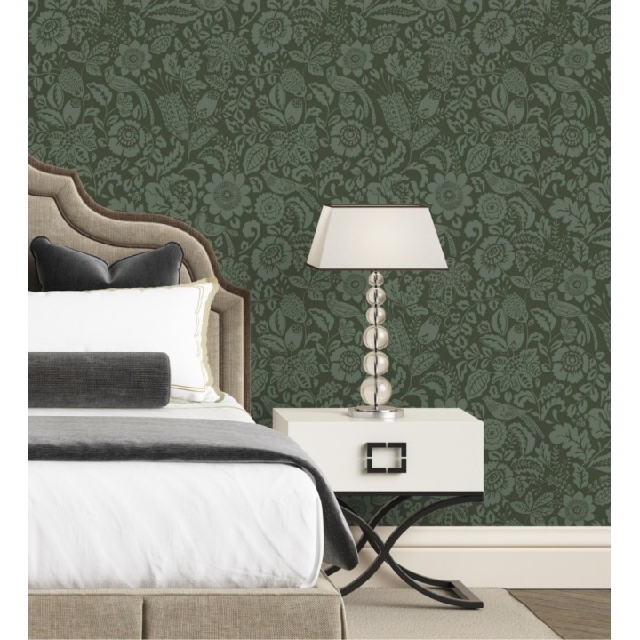 Papel pintado jardín romántico con pájaros color verde - Kelmscott Folklore 683722