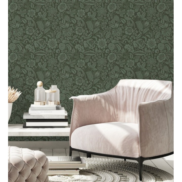 Papel pintado jardín romántico con pájaros color verde - Kelmscott Folklore 683722